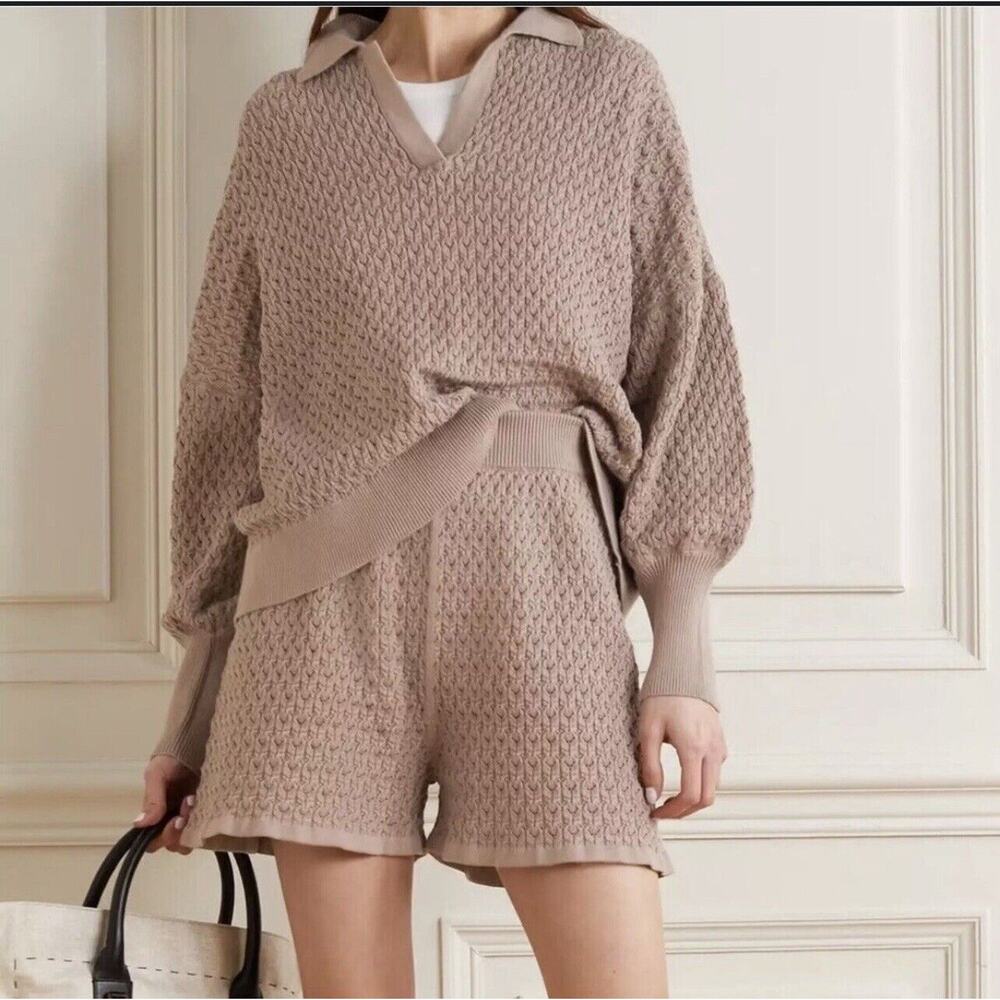 Mr Mittens Lace Polo Pointelle Sweater Almond Grey Tan Collared S/XS